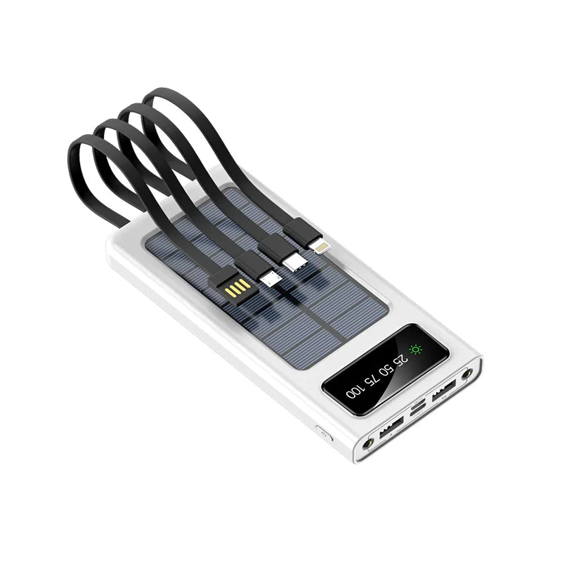 Solar Power Bank with Built-in Four Cables, 20000mAh Portable Charger for Mobile Phones